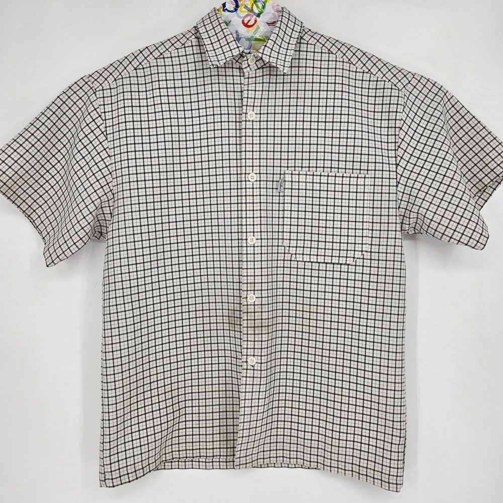 Caltop Shirt Mens‎ Medium White Black Plaid Cholo Chicano Short Sleeve Button Up